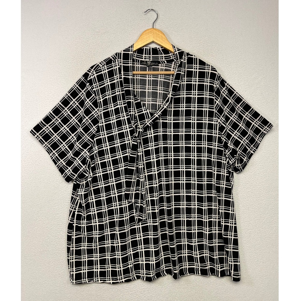 Modern Professional 80 Park Womens 3X Black Plaid Tie Neck Short Sleeve Blouse